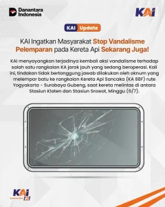 Postingan akun Instagram resmi @kai121_ yang mengutuk keras aksi vandalisme berupa pelemparan batu terhadap Kereta Api Sancaka (KA 88F)