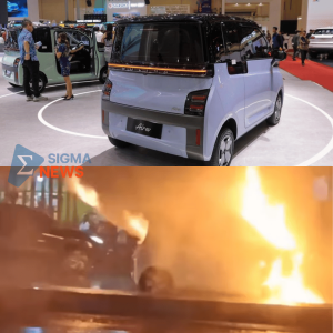 Satu unit mobil listrik Wuling Air EV dilaporkan terbakar di Jalan Soekarno Hatta, Kota Bandung, pada Sabtu (5/7)