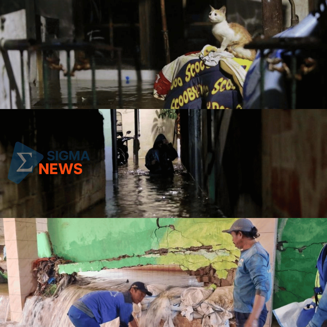 Tanggul penahan air di RT 3 RW 6 Jati Padang, Pasar Minggu, Jakarta Selatan, jebol akibat tidak kuat menahan air, hal itu pun menyebabkan lingkungan di sekitarnya banjir