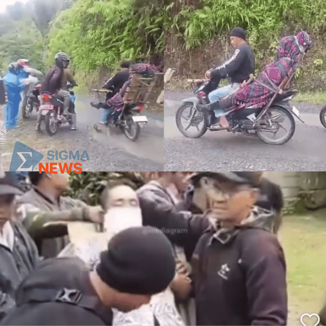 Video viral menunjukkan pria mengendarai motor dengan jenazah yang dibungkus kain jarik dan ditopang kayu agar tegak