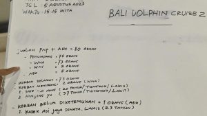 Warga mengamati data informasi peristiwa kecelakaan kapal cepat Bali Dolphin Cruise 2 di Pelabuhan Sanur, Denpasar, Bali, Selasa (5/8).